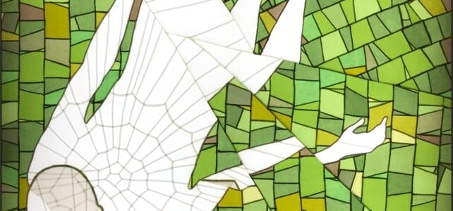 An artwork by Jan R Carson: a fragmented white silhouette with a spider web design on its chest against a mosaic, green background.